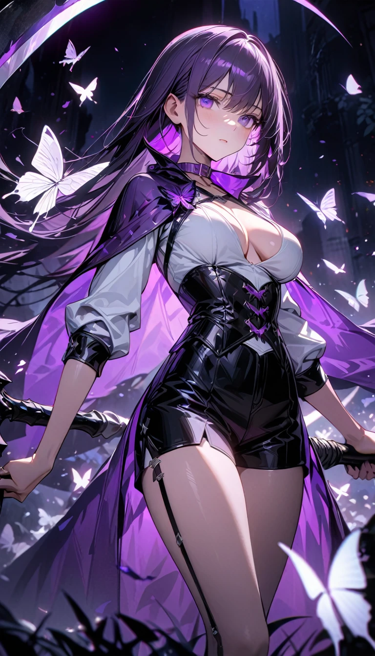 adult girl, long dark purple hair, purple eyes, white tight shirt, black leather chest, purple collar purple cape, open breasts, shorts, night, scythe, butterflies, purple elements, white elements, Masterpiece, best quality, Full HD, 8k, ultra details, great graphic