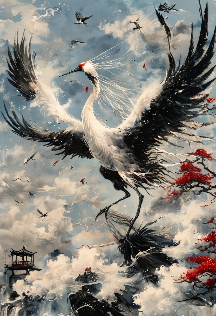 Ink, Crane, cloud, wing, I am, outdoors, feathered wing, sky, petal,oil paint
