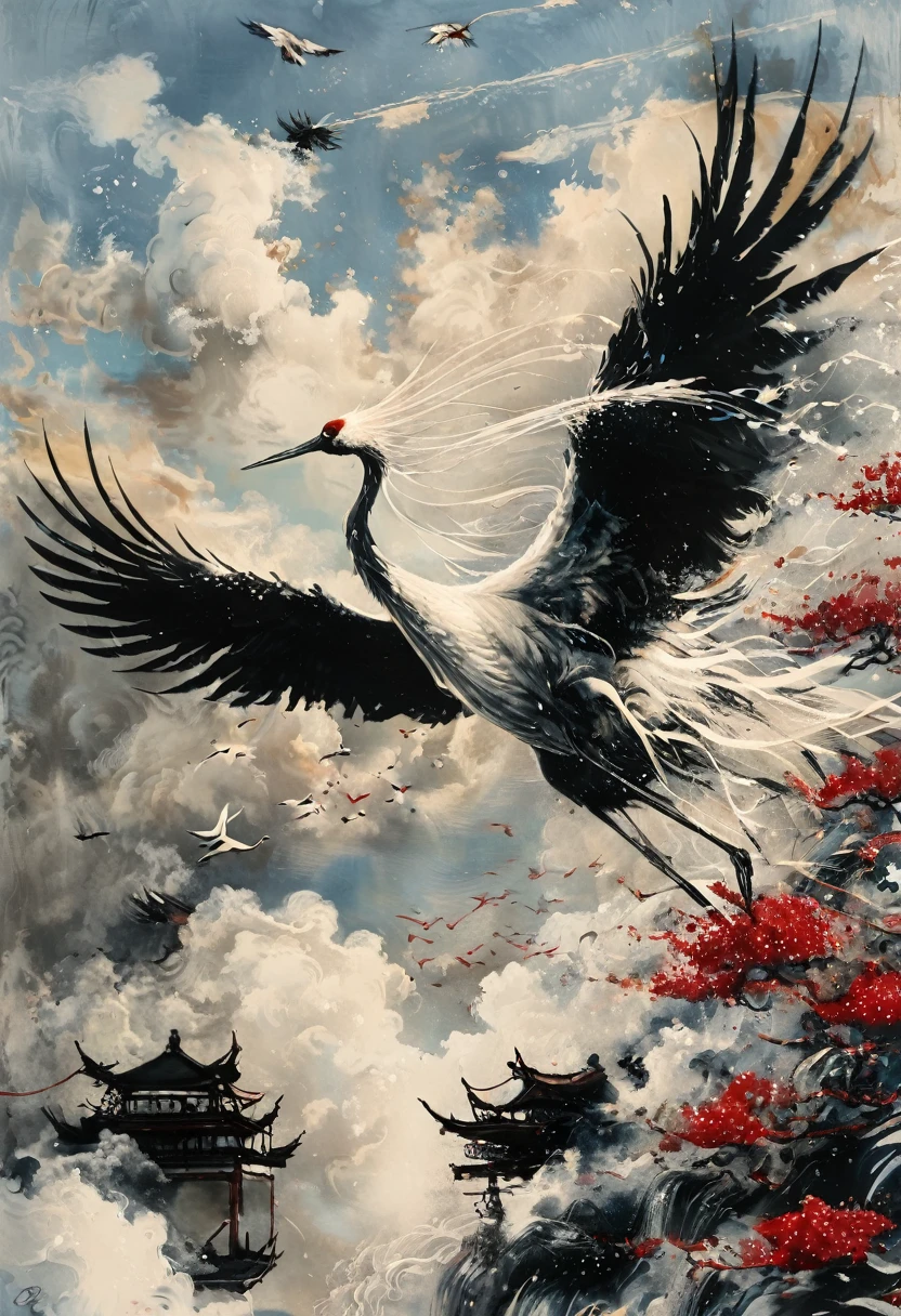 Ink, Crane, cloud, wing, I am, outdoors, feathered wing, sky, petal,oil paint
