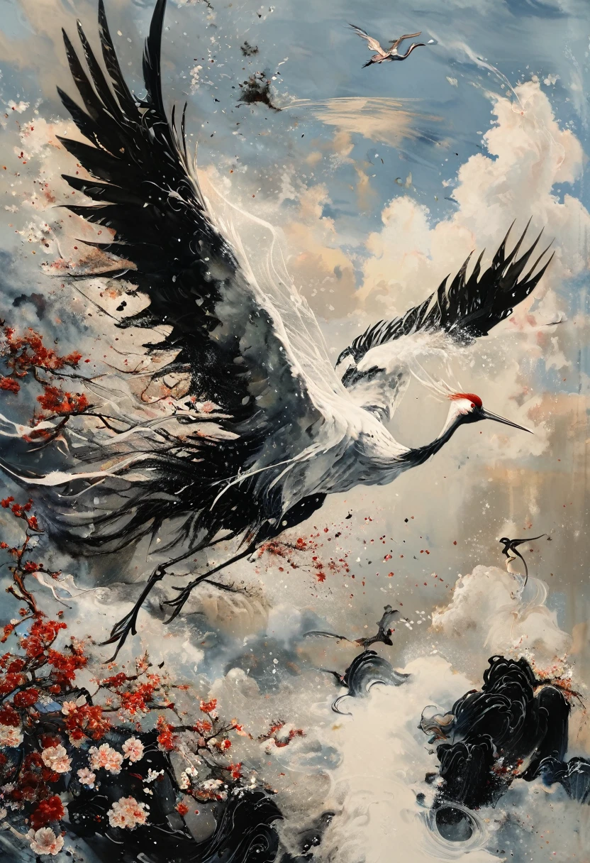 Ink, Crane, cloud, wing, I am, outdoors, feathered wing, sky, petal,oil paint
