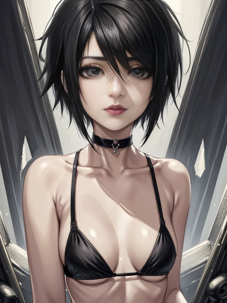 masterpiece,(best quality,top quality,8k),illustration,painting,detailed eyes and face,(1girl), brown eyes, black hair, (emo_hairstyle), short hair, hair between eyes, pixie cut, goth, gothic, choker, black lips, (black bikini,small breasts:1.2), pretty girl, beauty skin, ultra high res, raw photo , detailed body ,(puffy eyes) ,good contrast , high sharpness,(gorgeous),realistic,RAW Photography,(hyperdetailed:1.2)