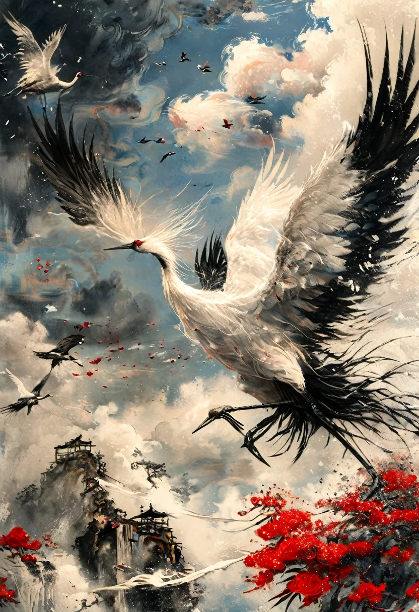 Ink, Crane, cloud, wing, I am, outdoors, feathered wing, sky, petal,oil paint
