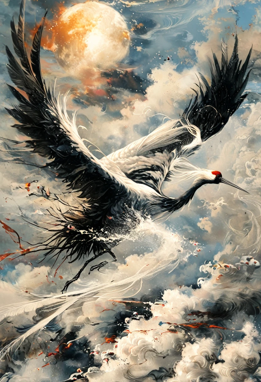 Ink, Crane, cloud, wing, I am, outdoors, feathered wing, sky, petal,oil paint
