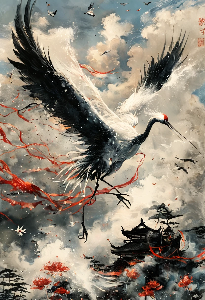 Ink, Crane, cloud, wing, I am, outdoors, feathered wing, sky, petal,oil paint
