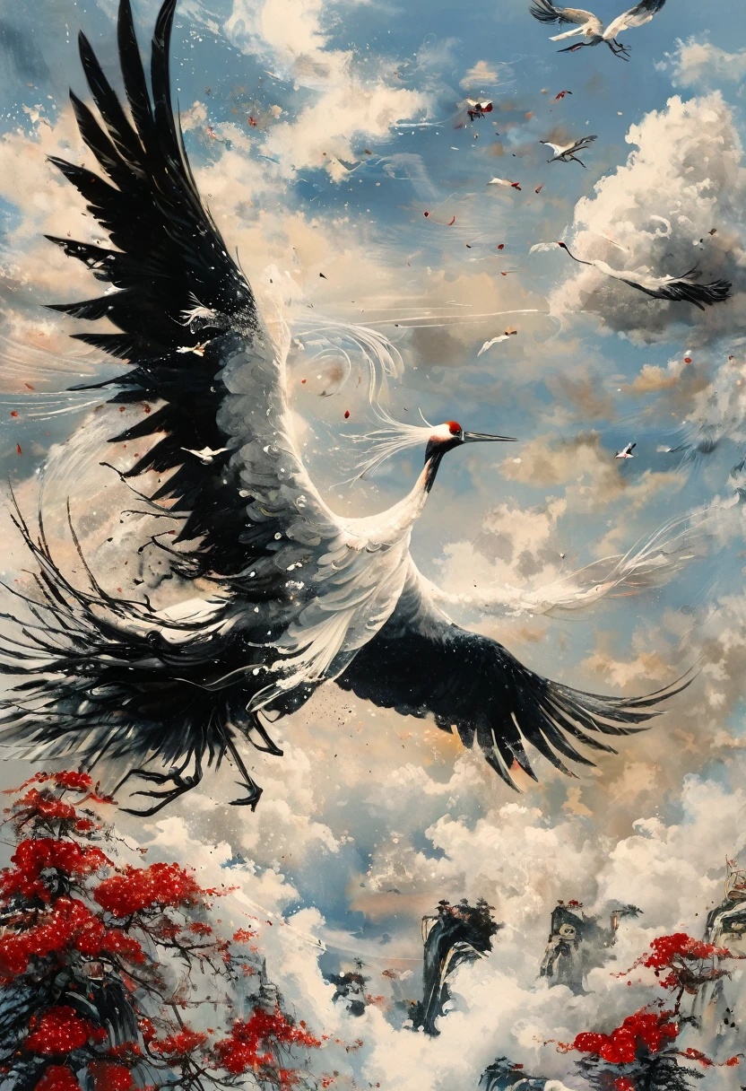 Ink, Crane, cloud, wing, I am, outdoors, feathered wing, sky, petal,oil paint
