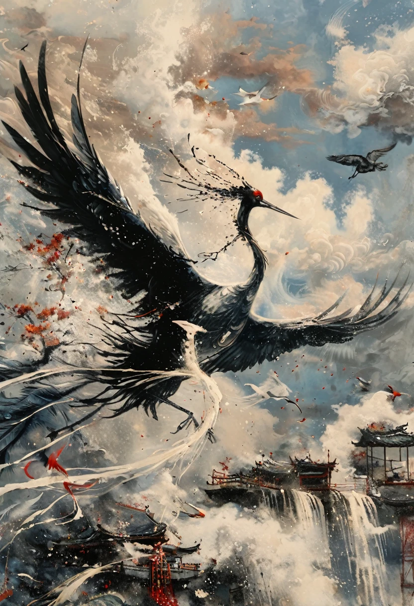 Ink, Crane, cloud, wing, I am, outdoors, feathered wing, sky, petal,oil paint
