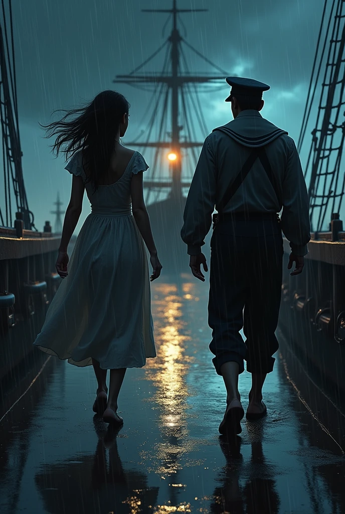 Young woman approaches sailor man as he walks on ship in rain on dark night 