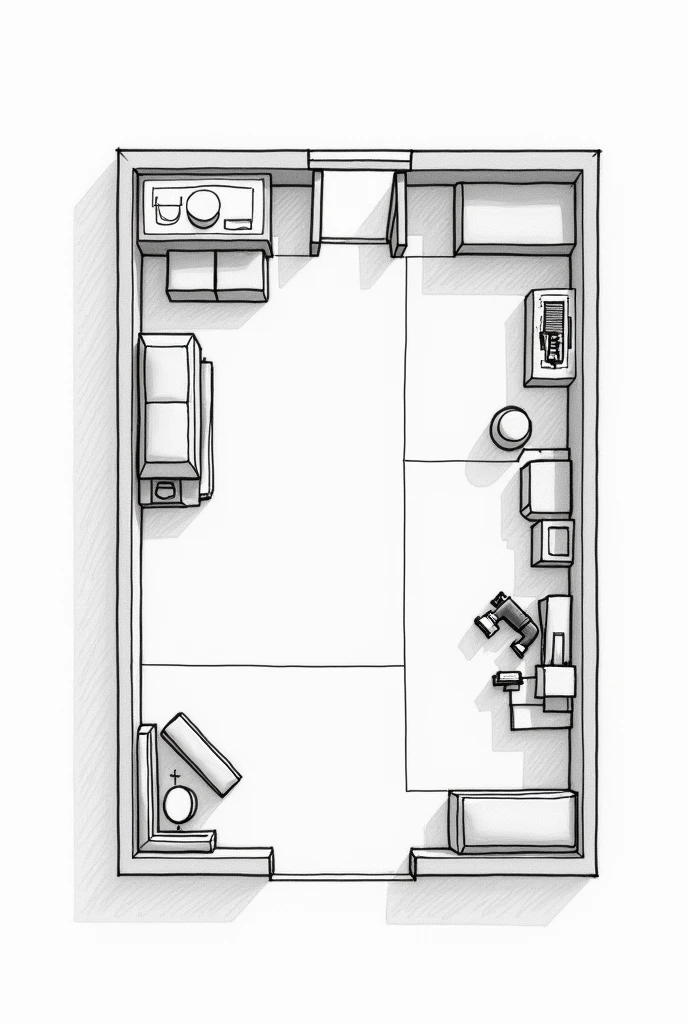 Pencil drawing of a plan of a level 1 veterinary laboratory reception room and work room equipped with microscopes, blood samples, centrifuge