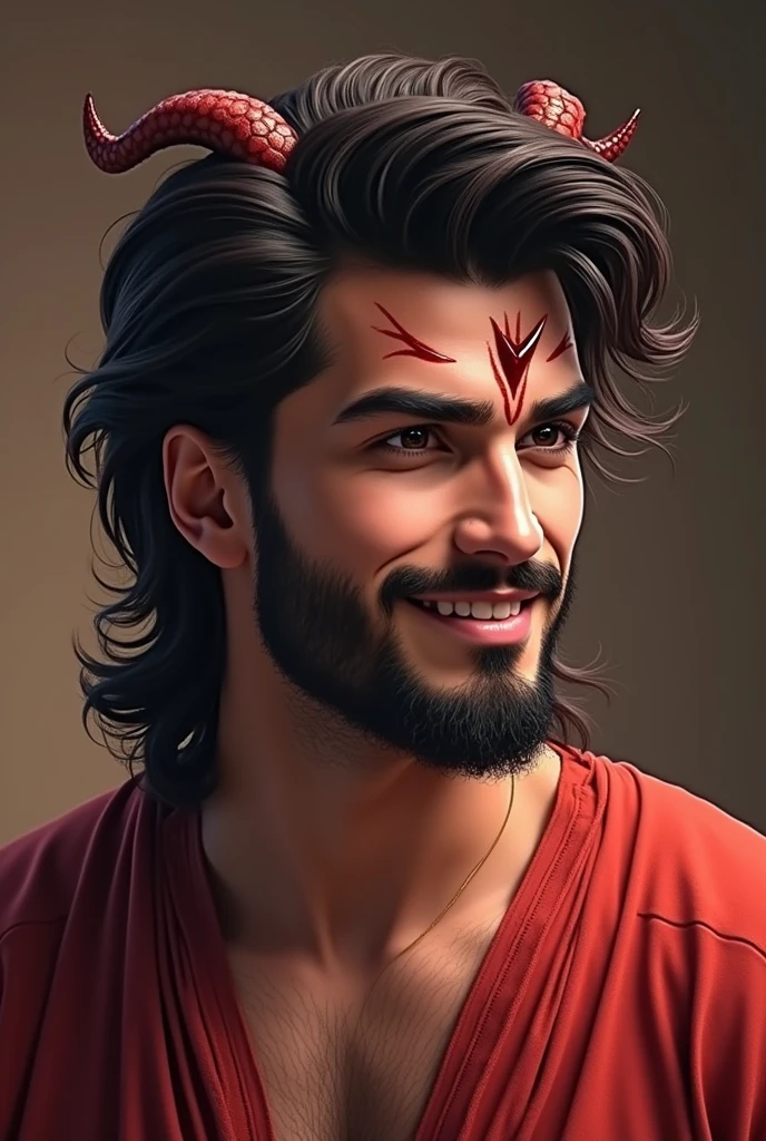 A handsome Arab man, detailed fashion hairstyle, squinting at the audience, pouting and laughing, digital sketch, (best quality,4k,8k,highres,masterpiece:1.2),ultra-detailed,(realistic,photorealistic,photo-realistic:1.37),extremely detailed eyes and face, longeyelashes, detailed facial features, large breasts with cleavage, devil's tail, two pointed bumps on the forehead, cinematic lighting, vibrant colors, digital painting, concept art