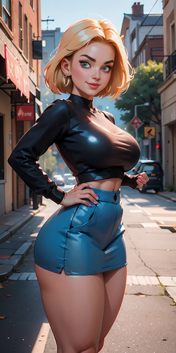 (nsfw:1.6)(nude:1.6)(naked:1.6) slave female, smirking smile red blush, blindfolded, unparalleled masterpiece, ultra realistic 8k CG, perfect artwork, (1girl:1.1) , solo, ((perfect female figure)), (nsfw), looking at viewer, mature female, bimbo (android 18) standing, (teasing), best quality:1.1 , seductive posture, sexy pose, alluring, (beautiful), (curvy), (thick), blonde hair, (blue eyes:1.2), short hair, earrings, jewelry, striped long sleeves, blue skirt, toned legs, fit, (abs:1.1), (big butt:1.4), peach ass, (athletic body:1.2), (large breasts:1.3, (big_breasts:1.1), wide_hips:1.5, narrow waist, small waist:1.5, slender body:1.2, thick thighs:1.3), (shiny skin:1.2), (hdr), (street:1.2), Nikon D850 film stock photograph Kodak Portra 400 camera f1.6 lens, rich colors, lifelike texture, dramatic lighting, unreal engine, trending on ArtStation, by Gerald Brom, by Frank Frazetta, by Luis Royo, by Julie Bell, by Boris Vallejo