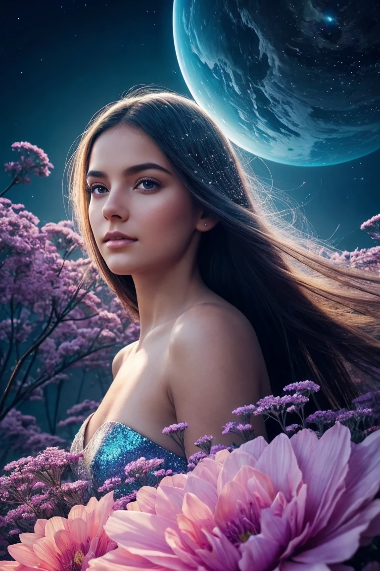 8. A breathtaking, ultra-detailed and photorealistic portrait of a beautiful young woman with long, dark hair. Her expressive eyes are accentuated with subtle yet striking makeup, drawing the viewer into her captivating gaze. The woman is surrounded by an ethereal array of flowers, with her face as the focal point of the composition. In the foreground, a mesmerizing gradient flower unfolds, its petals transitioning from a soft, light yellow to a vibrant peach, accompanied by a harmonious blend of complementary hues. This central floral element serves as a visual anchor, bridging the gap between the portrait and the fantastical background. The scene unfolds on an alien world, with exotic, luminous planets hanging in the sky. The color palette is a delicate balance of soft, dreamy tones and bold, contrasting shades, creating a sense of otherworldly beauty. Shimmering, translucent petals float around the woman, catching and refracting light in mesmerizing patterns. In the background, swirling currents of cerulean matter dance and twist, reminiscent of nebulae or cosmic rivers. Glittering particles of stardust hang suspended in the air, casting a soft, magical glow over the entire scene. Bioluminescent alien flora dot the landscape, their gentle radiance adding depth and intrigue to the composition. The lighting is masterfully crafted, with a mix of soft, diffused light and sharp, directional beams that highlight key elements of the image. This interplay of light and shadow adds dimension and drama, enhancing the overall sense of magic and wonder. Delicate tendrils of energy or aether weave through the air, connecting the woman to her surreal surroundings. These ethereal strands pulse with a soft, rhythmic glow, suggesting a deep, mystical connection between the subject and the cosmos. The woman's expression is one of serene confidence, hinting at hidden knowledge or inner power. Her hair flows gracefully, intertwining with the surrounding flowers and cosmic energies