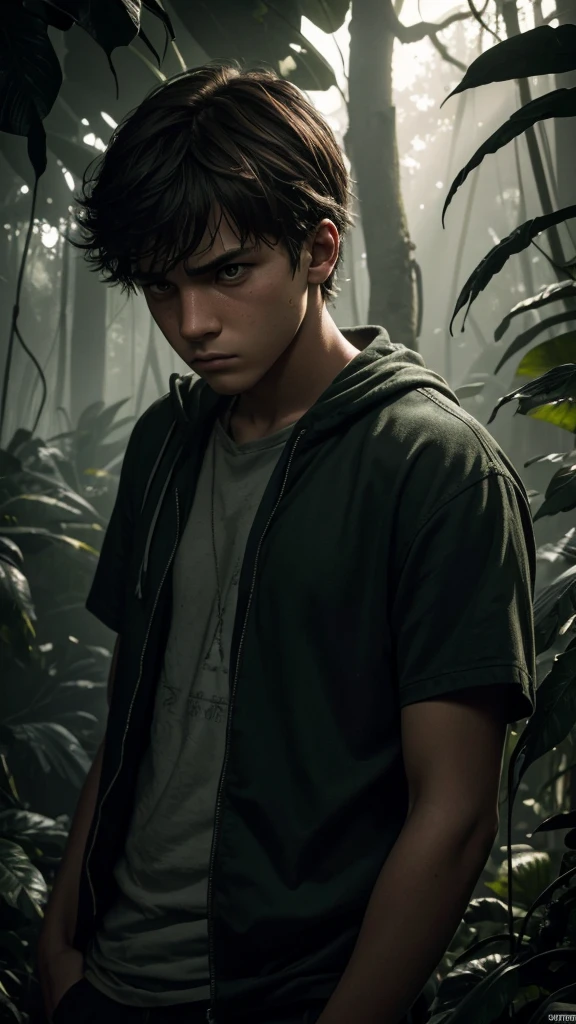 (sharp focus:1.2), an award-winning shot of a deep depressed casual 18 year old boy, in the middle of the jungle, dull backlighting, extremely detailed skin, extreme sadness, hopelessness, visible mental illness, bleary eyes, (deep shadows:1.1), high contrast, beautiful cried green eyes, brown hair, absurd, 8k, (high quality: 1.3), artstation hd, concept art, detailed sad face and body, award winning photography, (moody lighting:1.2), depth of field , bokeh, 4K, HDR