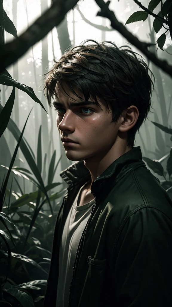 (sharp focus:1.2), an award-winning shot of a deep depressed casual 18 year old boy, in the middle of the jungle, dull backlighting, extremely detailed skin, extreme sadness, hopelessness, visible mental illness, bleary eyes, (deep shadows:1.1), high contrast, beautiful cried green eyes, brown hair, absurd, 8k, (high quality: 1.3), artstation hd, concept art, detailed sad face and body, award winning photography, (moody lighting:1.2), depth of field , bokeh, 4K, HDR
