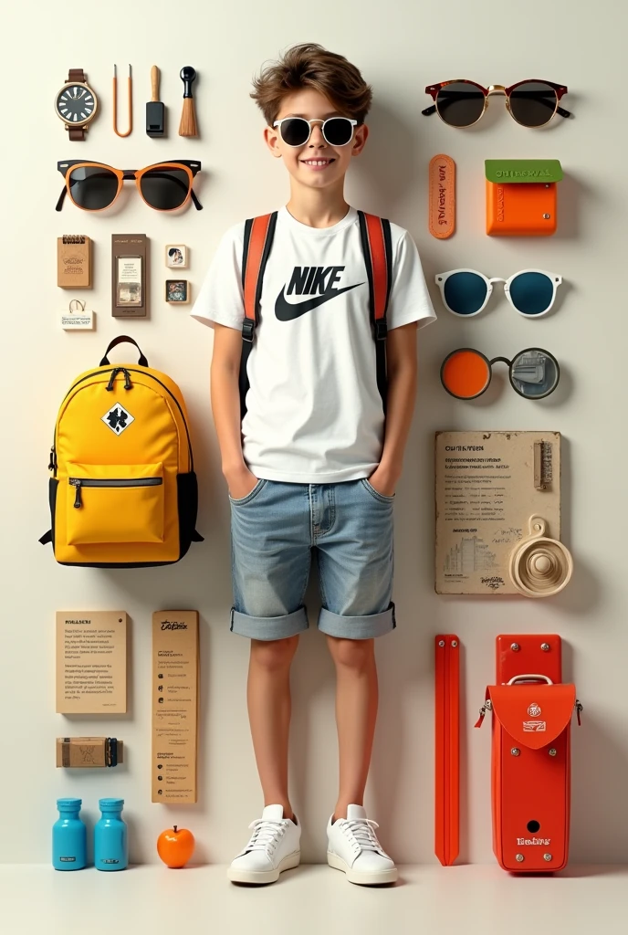 Description with knolling parts, fashionable boy, full body, a European boy, tourist dress, sunglasses, white t-shirt with Nike logo, white sneakers, full scale, yellow backpack, HD, portrait, photo, 8k, description with knolling parts, main color #ff7ad2, knolling, photorealistic, 8k, shot from above, with text description, data visualization