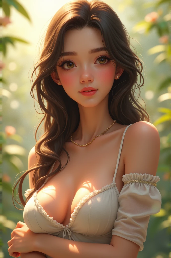 ((masterpiece))), (((best quality))), ((ultra-detailed)), (hyperrealistic), (highly detailed CG illustration), cinematic light, photorealistic ,extremely beautiful young lady, looking at viewer, front view, (), (naked), (detailed ) light makeup, big breast, (Big Tits:1.5) big cleavage, intricate detailed eaba, flowers background, beautiful Flowers background, raining flowers of different colorsphotorealistic