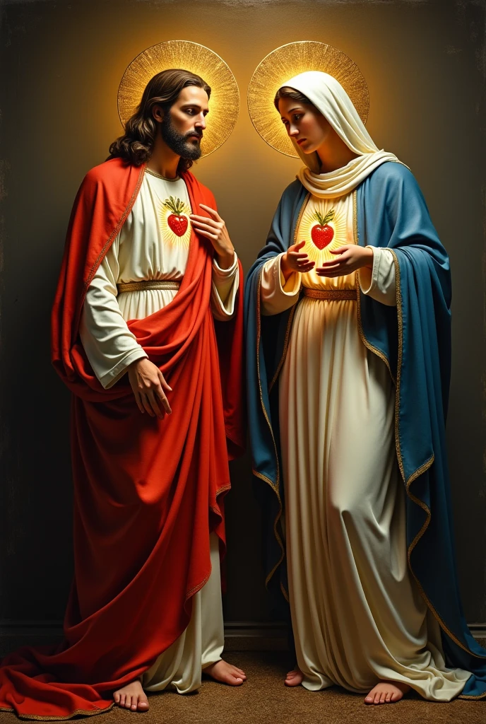 sacred heart of jesus and inmaculate Maria next to each other and looking a 
the front