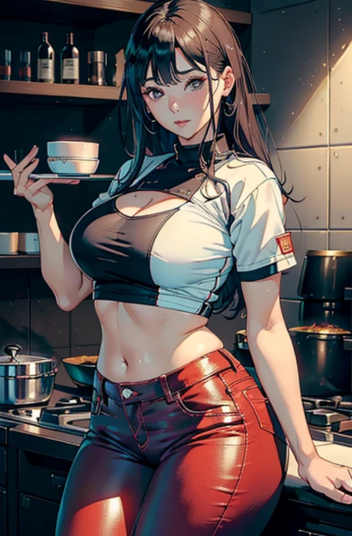 A young woman is making coffee in the kitchen, she is very sexy, she is wearing red colored clothes, her hips are big, she has got a huge tattoo, she is enjoying the evening, she is watching the sun from the window.