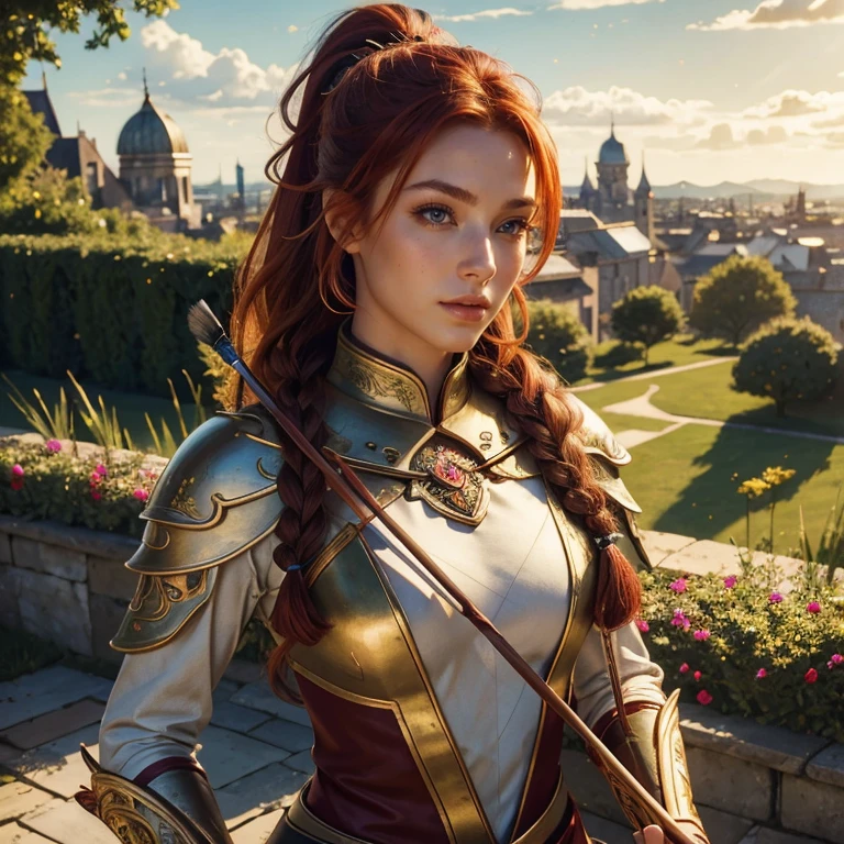 (masterpiece, best quality:1.5), highest quality, High resolution, super detailed, Realists, Upper body photo of a red-haired archer , detailed and beautiful eyes, beautiful detailed lips, very detailed eyes and face, longeyelashes, Archer in light armor, Noble details on the armor. Beautiful and colorful makeup, ponytail hairstyle, Gardens as background, bright daylight, bright colors, fine brushstrokes, Portrait style, beautiful color palette, glowing skin, First-class rendering, that captures every detail, enchanting atmosphere, (perfect anatomy:1.2), (The stunning archer holds a bow. (magnificent panorama view:1.2)