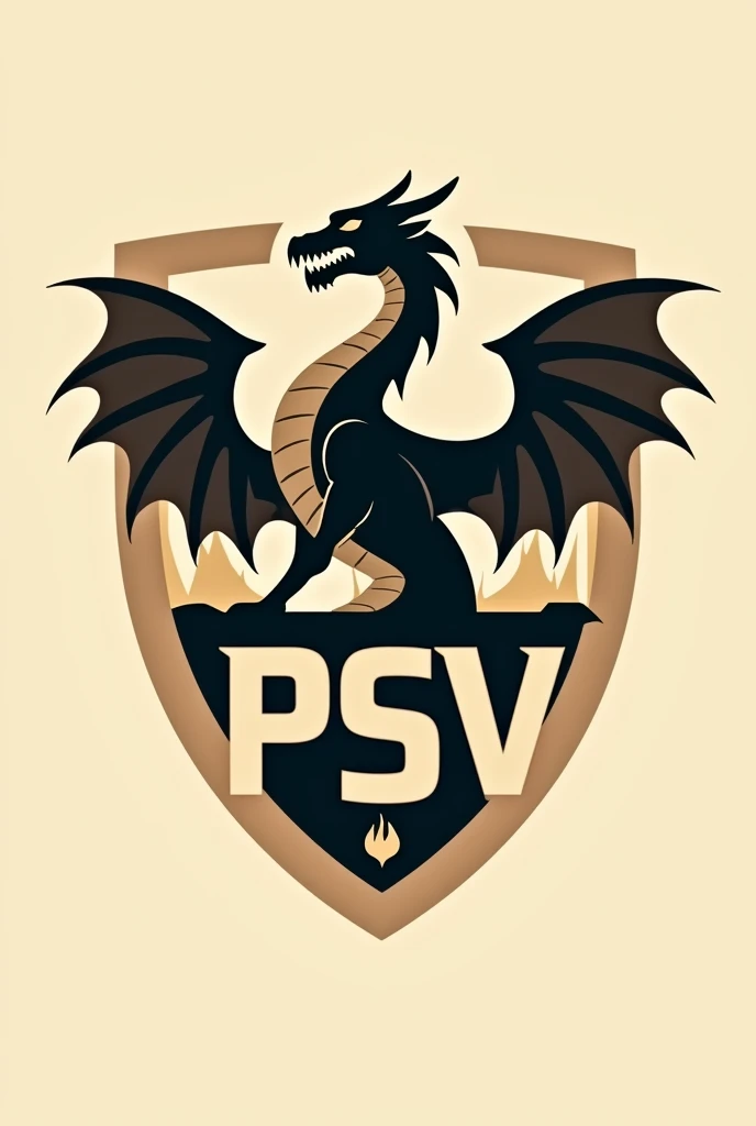 A shield with a dragon in beige and black colors and with the acronym PSV and a little more modern ,much more modern , place the acronym under the dragon and the dragon on top of the acronym standing up, make the dragon inside the shield and put a fire on the shield too