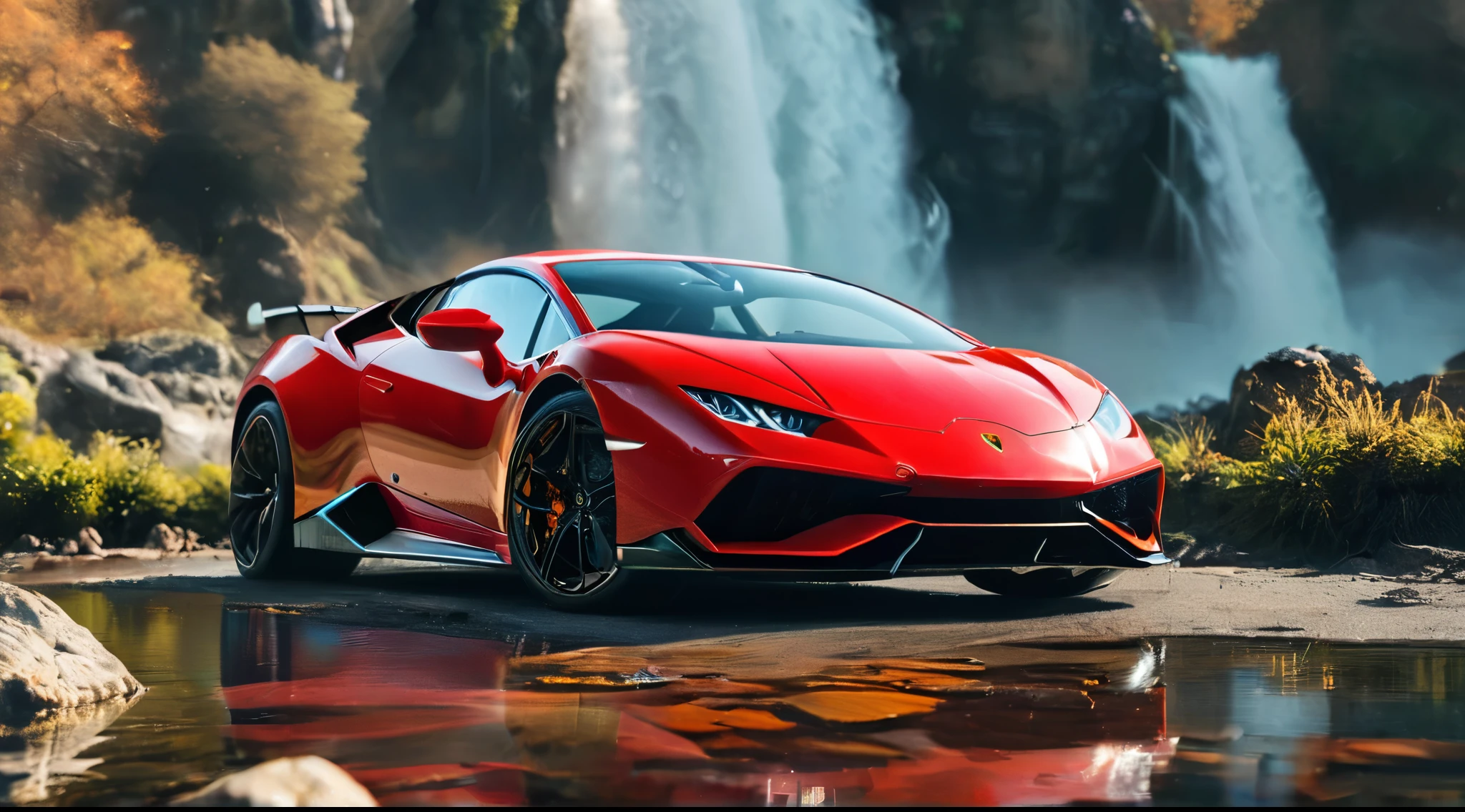 Presenting a stunning image of Lamborghini huracan performante, a captivating red sports car parked gracefully in front of a majestic waterfall. This artwork serves as an ideal mobile wallpaper, offering high-quality visuals that elevate your device's aesthetics. With a resolution of 8K, it's not only an amazing wallpaper but also a perfect fit for high-quality desktop and vertical screens. This beautiful and high-quality wallpaper captures the essence of luxury and nature in a single frame, making it an excellent choice for your device's background
