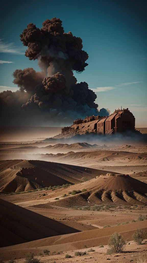 Mad Max style landscape, arid land, blue and red smoke, landscape, just one image, earthy palette, Texas vegetation, apocalyptic 