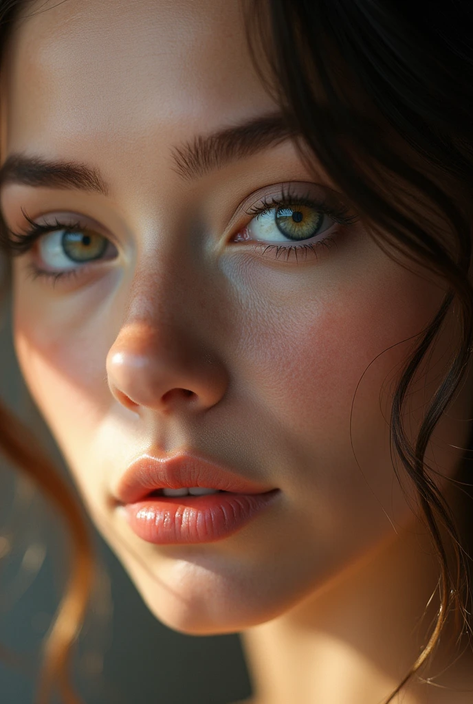 Imagine an image of a person with extremely fine and precise details. Each facial feature is rendered in astonishingly detailed quality.. The skin has subtle textures, with visible pores and slight variations in tone and texture. The eyes are particularly striking., with detailed irises and reflections that appear almost three-dimensional. Tabs, Eyebrows and hair are so precisely defined that it looks like they could move. Light and shadows play a crucial role, giving a feeling of depth and realism.