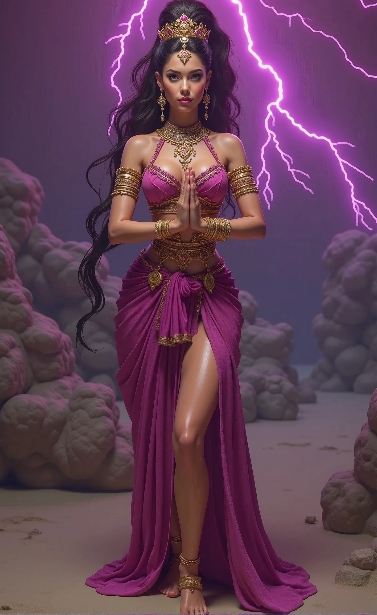 (1 nubile girl, with hybrid face of Karen McDougal & Lee Meriwether, must be kneeling in namaste pose, must be on knees in namaste pose, begging in namaste pose, beautiful goddess, royal wedding hairstyle & high ponytail hairstyle, lithe & bodacious body, perfectly rendered hands & fingers, perfectly rendered feet & toes, highly detailed face, detailed eyes, lips and skin texture, intricately detailed harem clothing, exotic belly dancer regalia, detailed purple lightning environment, dynamic lighting, vivid colors, photorealistic, cinematic composition, masterpiece, best quality, 8k, highly detailed)