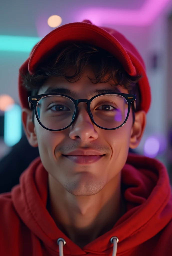 there is a man wearing a red hat and glasses, slight nerdy smile, cute slightly nerdy smile, headshot profile picture, taken in the early 2020s, in style of tyler mitchell, photo in style of tyler mitchell, profile shot, avatar image, twitch streamer / gamer ludwig, riyahd cassiem, around 1 9 years old