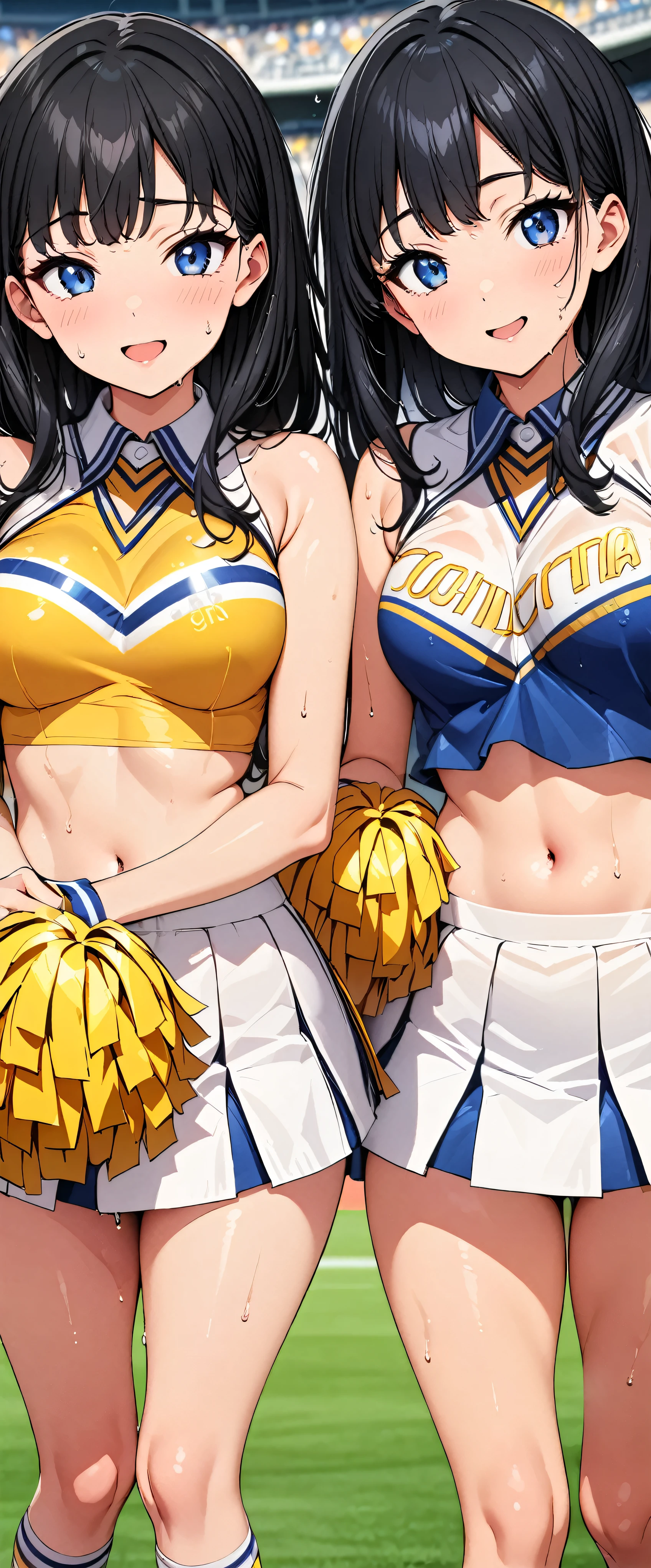 (masterpiece,Highest quality,超A high resolution),One Japanese woman, (((Very beautiful girl))), pretty girl、Look at the photographer、 (()), Very cute face, Glossy lips, Double eyelids on both eyes,Natural smile、 Natural Makeup, Long eyelashes, Shiny and smooth hair、, Perfect limbs, Perfect Anatomy,(((Shiny cheer uniforms,Cheerleader,Cheerleader,Tube top))))Stadium,Wet with sweat,(((Tube top)))((((Open Mouth Smile,))))Black Hair