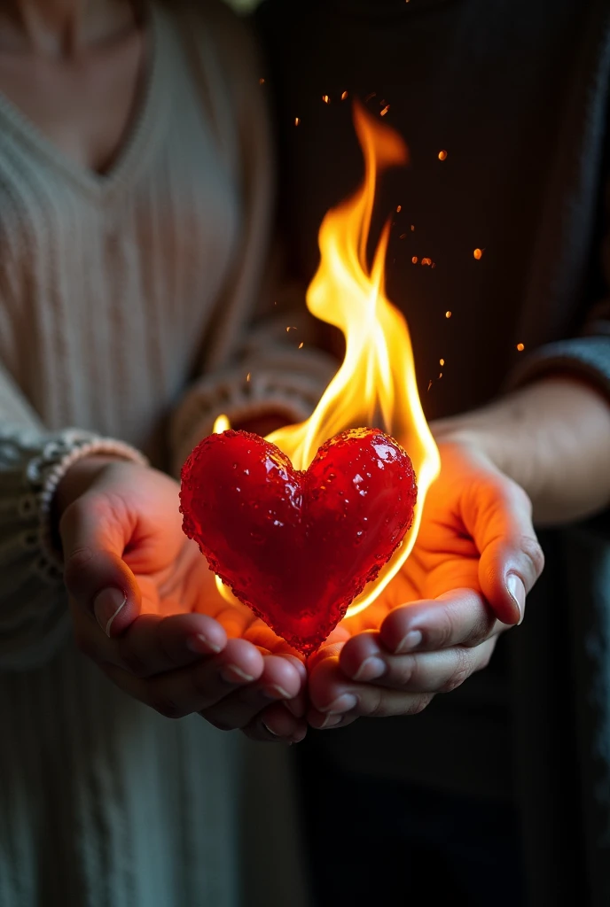 bleeding woman holding a heart on fire and handing it to a man man is holding a glass to throw on the heart with water