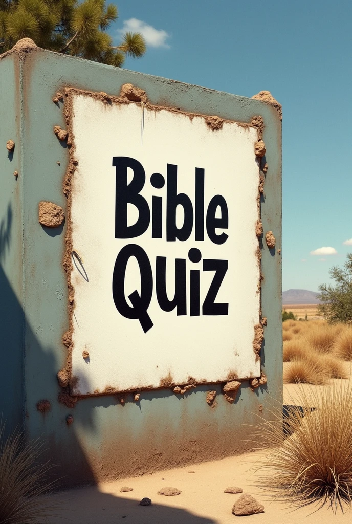 A poster on a deserted outside wall, Cut in letter format, (text:"Bible Quiz") the word, Big Bold, Draw inside the cutout, BREAK Art that inspires creators to create images, An aesthetic world that unfolds behind the characters, Add text to the bottom of the screen, (text:"Break the barriers of creativity!")