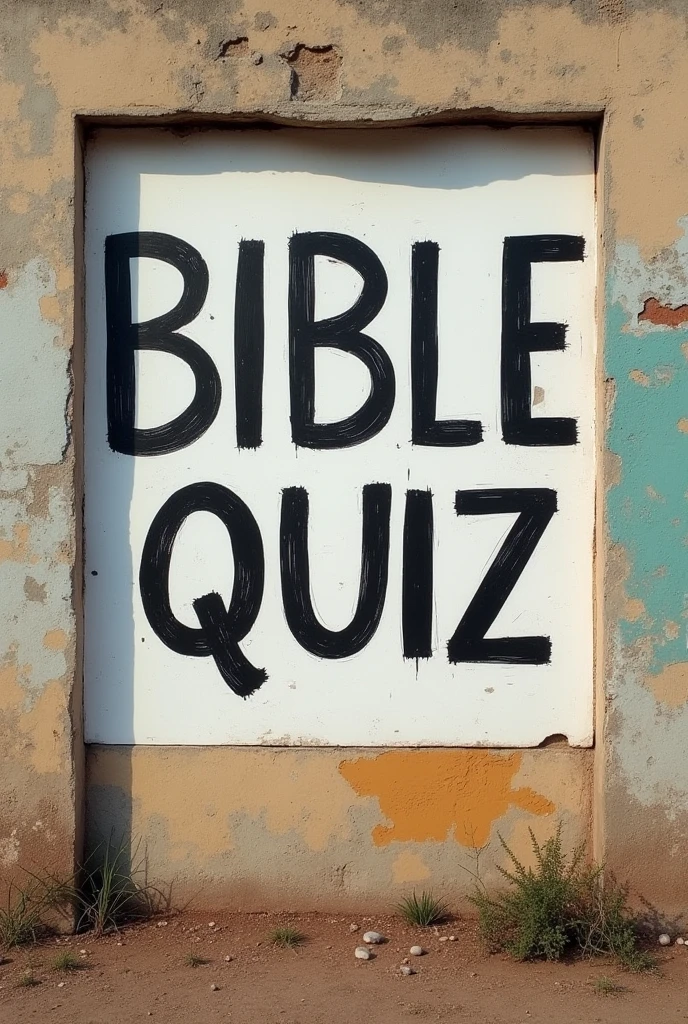 A poster on a deserted outside wall, Cut in letter format, (text:"Bible Quiz") the word, Big Bold, Draw inside the cutout, BREAK Art that inspires creators to create images, An aesthetic world that unfolds behind the characters, Add text to the bottom of the screen, (text:"Break the barriers of creativity!")