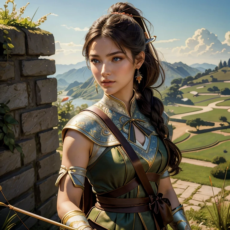 (masterpiece, best quality:1.5), highest quality, High resolution, super detailed, Realists, Upper body photo of a brunette archer , detailed and beautiful eyes, beautiful detailed lips, very detailed eyes and face, longeyelashes, Archer in light armor, Noble details on the armor. Beautiful and colorful makeup, ponytail hairstyle, Gardens as background, bright daylight, bright colors, fine brushstrokes, Portrait style, beautiful color palette, glowing skin, First-class rendering, that captures every detail, enchanting atmosphere, (perfect anatomy:1.2), (The stunning archer holds a bow. (magnificent panorama view:1.2)