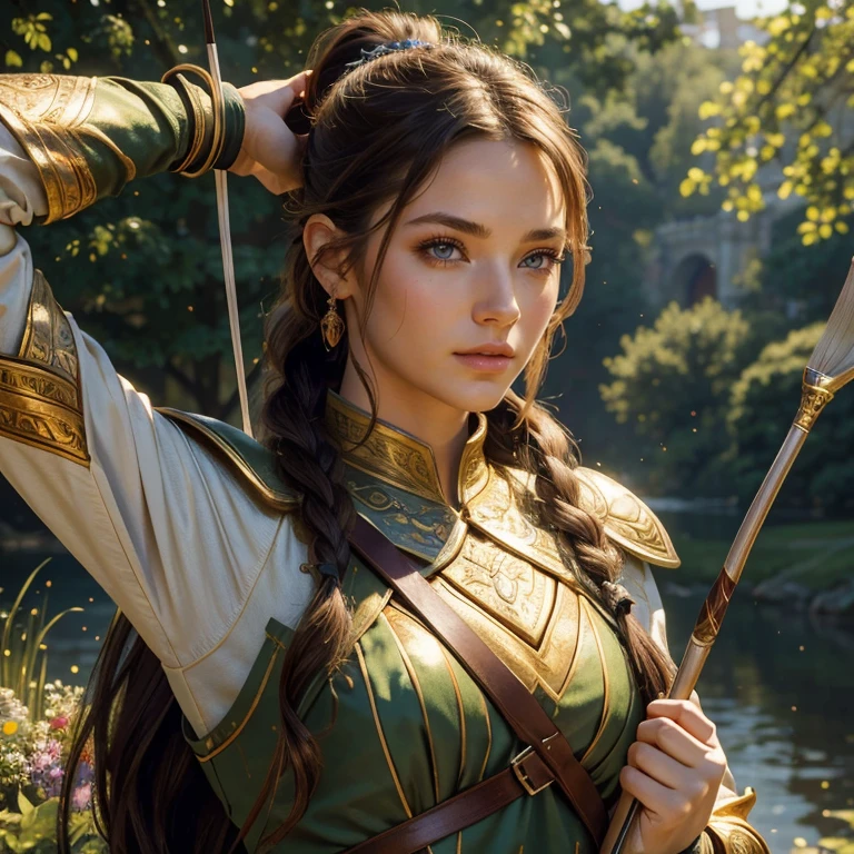 (masterpiece, best quality:1.5), highest quality, High resolution, super detailed, Realists, Upper body photo of a brunette archer , detailed and beautiful eyes, beautiful detailed lips, very detailed eyes and face, longeyelashes, Archer in light armor, Noble details on the armor. Beautiful and colorful makeup, ponytail hairstyle, Gardens as background, bright daylight, bright colors, fine brushstrokes, Portrait style, beautiful color palette, glowing skin, First-class rendering, that captures every detail, enchanting atmosphere, (perfect anatomy:1.2), (The stunning archer holds a bow. (magnificent panorama view:1.2)