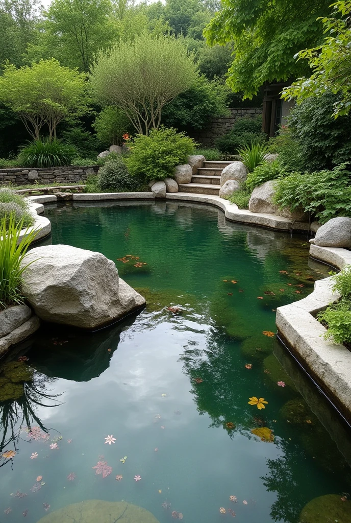 Develop a design for a man-made pond with a depth of 40 cm and a footprint of 3 meters by 4 meters."