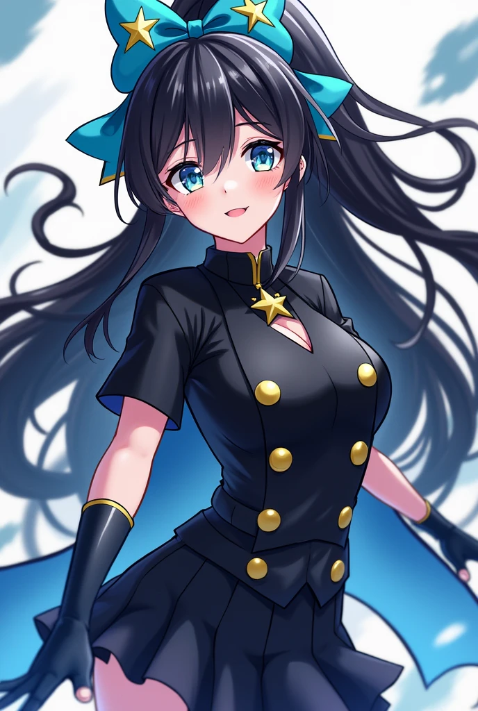 A female character in the style of the anime Kimetsu no Yaiba(demon slayer)who has long black hair loose with a ponytail on top with a blue bow with a yellow star her uniform is black and she wears a short-sleeved haori in the same shade of blue as the bow she wears black gloves that expose her fingers and stylish boots she also has a star necklace her eyes are light blue with stars 