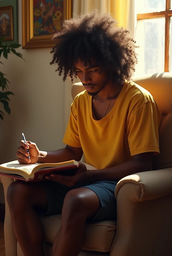 (photorealism:1.2), handsome somali boy, sitting on chair,reading book wearing short clothes, long curly hair, indoors, soft lighting, arts in background, window with sunlight, cozy room, relaxed pose, realistic, intricate details, warm colors, by Greg Rutkowski, by Alphonse Mucha
