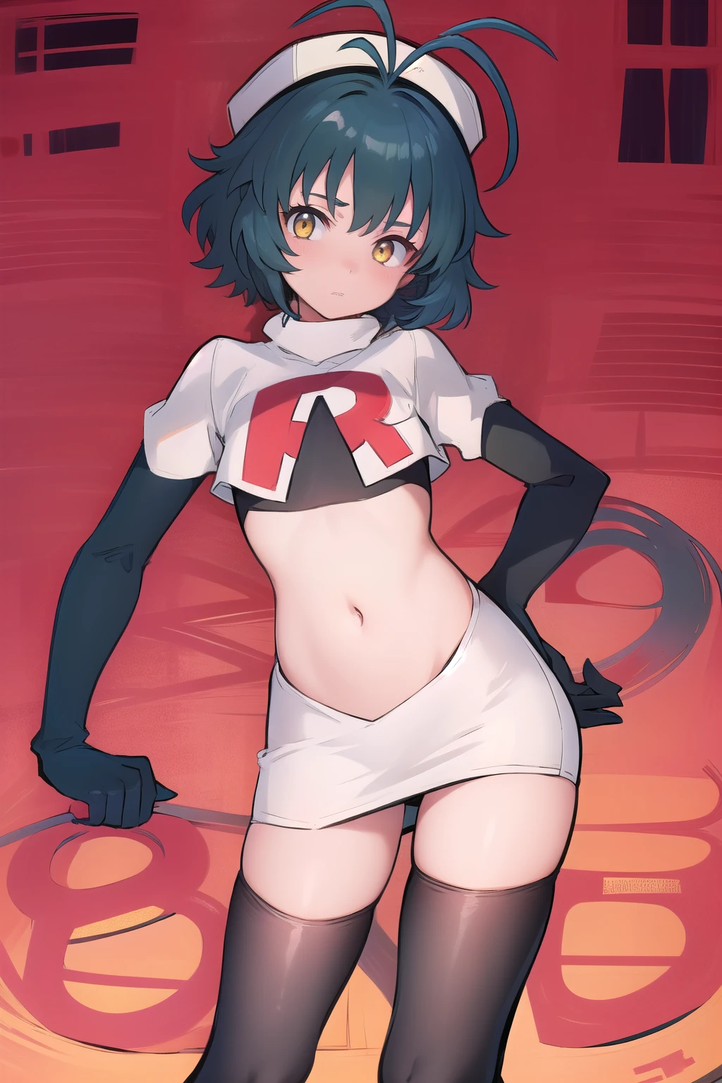 best quality, (masterpiece:1.2), illustration, absurdres, (1girl), (beautiful detailed girl),
Millium Orion, blue hair, short hair, antenna hair, ahoge, yellow eyes,  flat chest,
black hat, headwear,
team rocket,team rocket uniform,white skirt,red letter R,crop top,black thigh-highs,black elbow gloves, 
looking at viewer,