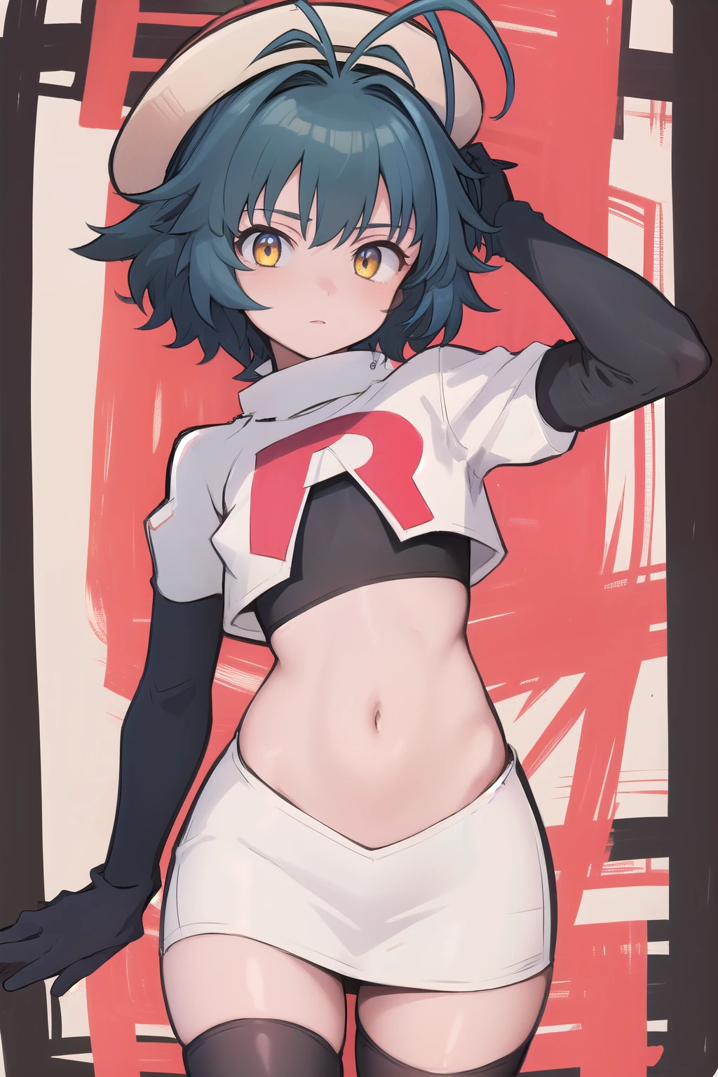 best quality, (masterpiece:1.2), illustration, absurdres, (1girl), (beautiful detailed girl),
Millium Orion, blue hair, short hair, antenna hair, ahoge, yellow eyes,  flat chest,
black hat, headwear,
team rocket,team rocket uniform,white skirt,red letter R,crop top,black thigh-highs,black elbow gloves, 
looking at viewer,