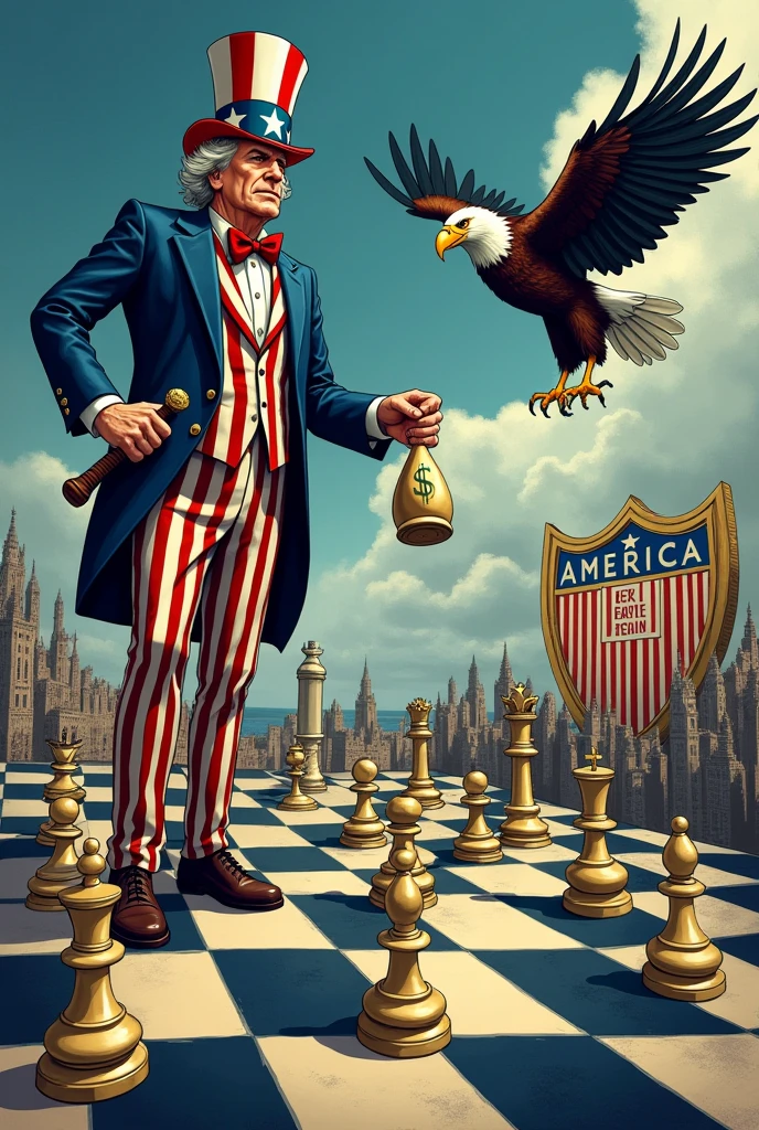 ### **General Concept of Cartooning**
Imagina una escena donde Latin America es un tablero de ajedrez gigante, and the United States, represented by a figure like Uncle Sam or an imperial eagle, He is moving the pieces as he pleases. Each chess piece would represent one of the concepts you mentioned., and Uncle Sam&#39;s stance would indicate control and dominance. La idea es mostrar cómo Estados Unidos ha manejado a Latin America a lo largo de la historia, using different strategies that are all connected.

### **Specific Elements and Their Visual Representation**

1. **Uncle Sam or the Imperial Eagle as a Central Figure**
   - **position:** Uncle Sam is standing on the edge of the board, with one hand extended controlling the pieces and the other holding a club (The Politics of the Stick) or a bag of money (Dollar Diplomacy).
   - **Expression:** Uncle Sam has a serious or calculating expression, staring at the board. The club and the money represent the different forms of influence: strength and economic power.

2. **Chessboard (Latin America)**
   - **Pieces of the Board:**
     - **Kings and Queens:** They could represent puppet governments or dictators supported by the US..UU.
     - **Pawns:** Latin American countries, vulnerable and easy to move.
     - **tower:** Panama Canal, a key piece that the United States directly controls.
     - **horse:** Representa la Dollar Diplomacy, moving quickly and jumping over countries, going wherever necessary to protect economic interests.
     - **Bishops:** They could symbolize free trade agreements, moving diagonally, representing the negotiations that are sometimes not so direct, but they still affect.

3. **Representation of Each Concept:**
   - **Monroe Doctrine:** In the background, There could be a large shield that says "America for Americans", with an eagle watching from above, representing the idea of protecting the western hemisphere.
   - *