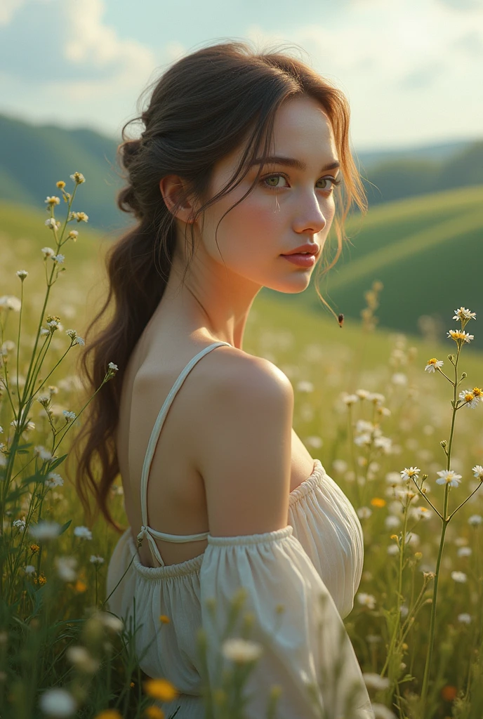 (photorealism:1.2), beautiful woman, homem no campo