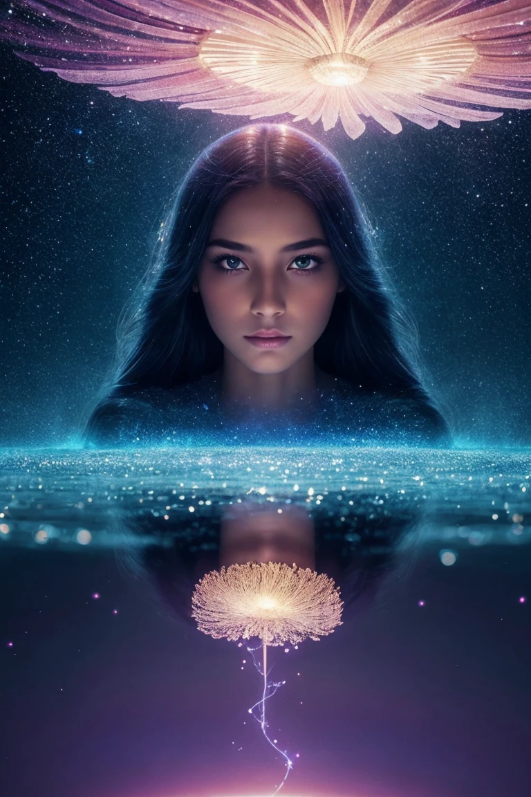 8. Breathtaking, ultra-detailed and photorealistic portrait of a beautiful young woman with long hair, dark hair. Her expressive eyes are accentuated by a thin, but bright makeup., drawing the viewer in with her captivating gaze. The woman is surrounded by an ethereal multitude of flowers., with her face as the focal point of the composition. In the foreground, a mesmerizing gradient flower unfolds, its petals transition from soft, from pale yellow to bright peach, combined with a harmonious blend of complementary hues. This central floral element serves as a visual anchor., bridging the gap between portrait and fantastical background. The scene unfolds in an alien world., With an exotic touch, glowing planets, hanging in the sky. The color palette is a delicate balance of soft, dreamy tones and bold, Contrasting shades, Creating a Sense of Otherworldly Beauty. Shimmering, translucent petals float around the woman, catching and refracting light in mesmerizing patterns. in the background, swirling streams of azure matter dance and writhe, resembling nebulae or cosmic rivers. Sparkling particles of stardust hang in the air., soft casting, magical glow across the scene. Bioluminescent alien flora dot the landscape, their gentle glow adds depth and intrigue to the composition.. The lighting is masterfully executed., with a combination of soft, scattered light and sharp, Directed beams, highlighting key elements of the image. This interplay of light and shadow adds volume and drama., enhancing the overall sense of magic and wonder. Thin tendrils of energy or aether permeate the air., connecting the woman to her surreal surroundings. These airy strands pulsate with a soft, rhythmic glow, suggesting a deep, mystical connection between the subject and the cosmos. The woman's expression conveys a calm confidence., a hint of hidden knowledge or inner strength. Her hair flows gracefully, intertwining with the surrounding flowers and cosmic en