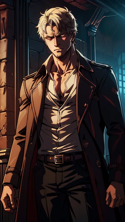 (1boy, John Constantine), (extremely detailed CG unit 8k wallpaper),(master part), (best quality), (ultra detail), (best illustration),(wanostyle), cowboy shot, (Sharp eyeliner, ombre, detail eyes), dark dungeon interiors background, ,break , (vamptech), camisa, trenchcoat