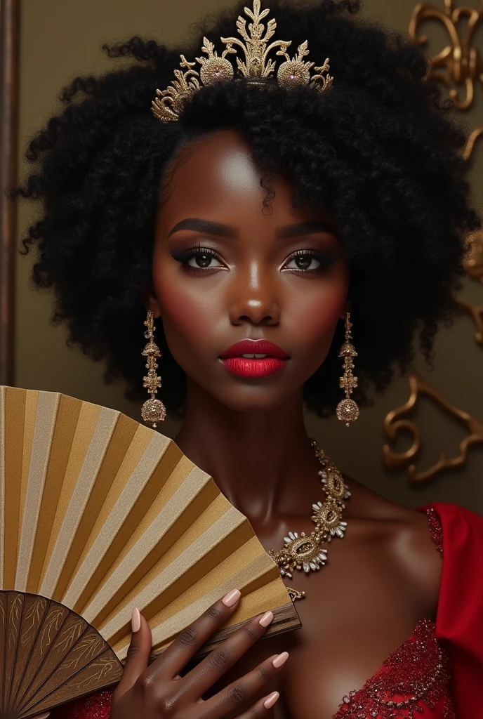 Kizi,black hair SHORT AND CURLY,Queen negra,Accessories,Fan in hand,,Queen,red lipgloss stick