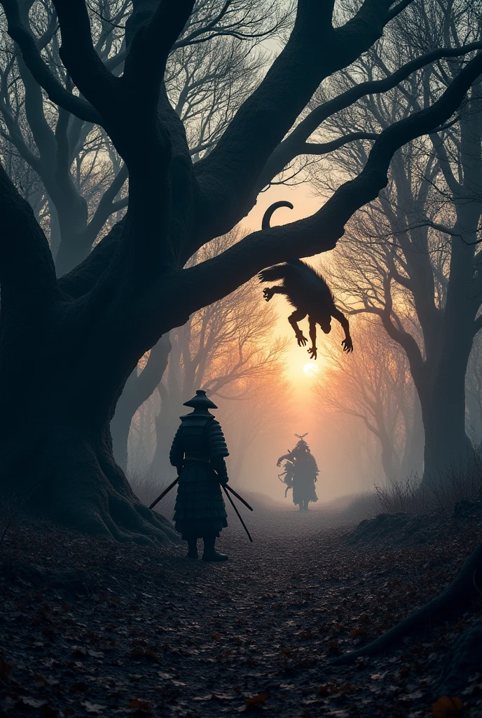 A shadowy creature leaping from a tree onto a samurai. Dense, dark forest with ancient, gnarled trees. The ground is covered in dry leaves, Twilight, with the sky painted in shades of orange and purple. The remaining light filters through the trees, casting long, eerie shadows. In the background monsters emerging from the shadows.