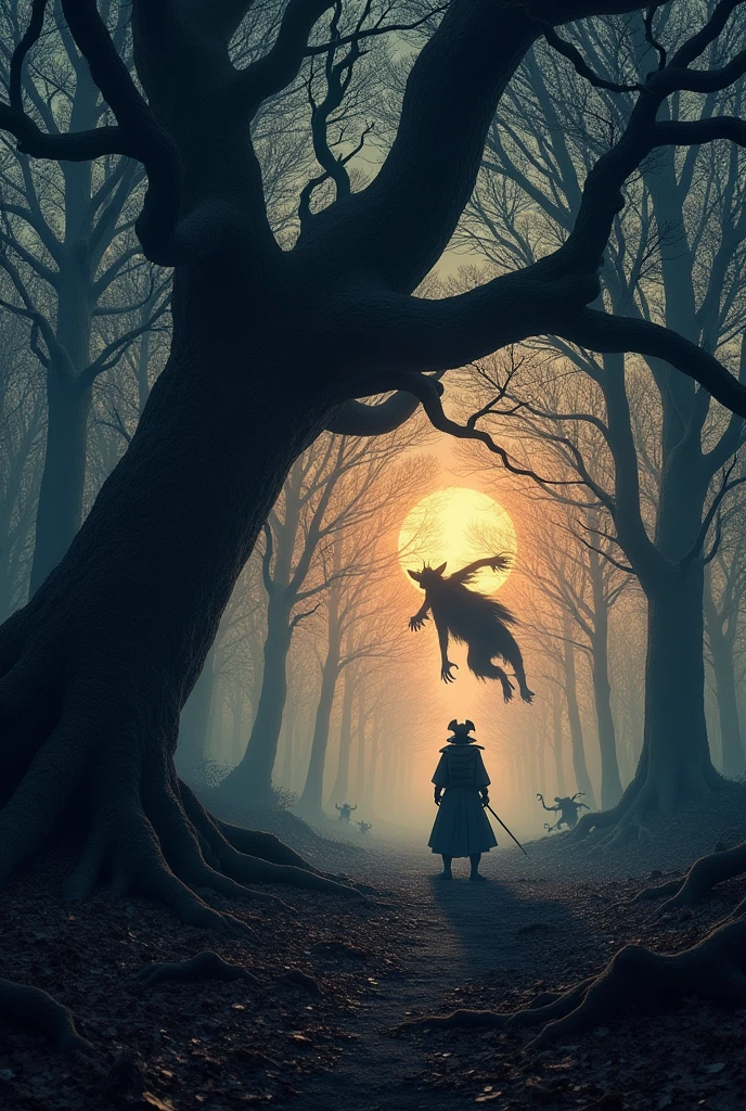 A shadowy creature leaping from a tree onto a samurai. Dense, dark forest with ancient, gnarled trees. The ground is covered in dry leaves, Twilight, with the sky painted in shades of orange and purple. The remaining light filters through the trees, casting long, eerie shadows. In the background monsters emerging from the shadows.