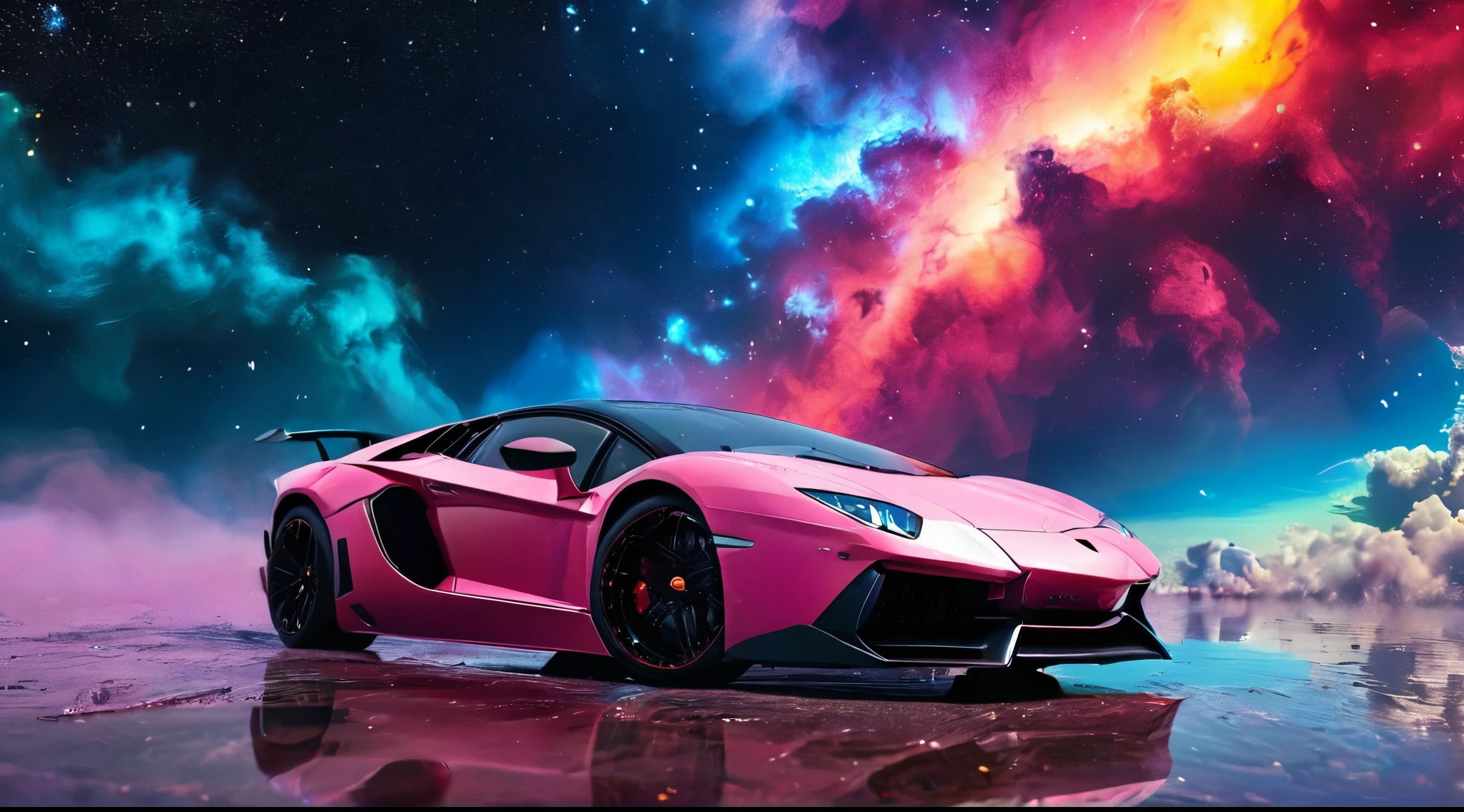 lamborghini aventador svj, galaxy background, giant sky, beatiful sky, perfekt color, small smoke behind car, good qualitiy, red galaxy, blue galaxy, yellow galaxy, pink galaxy, very detailed, preceise stars, gigantic galaxy in background, full sky, front view, side view, wet floor, black horizon