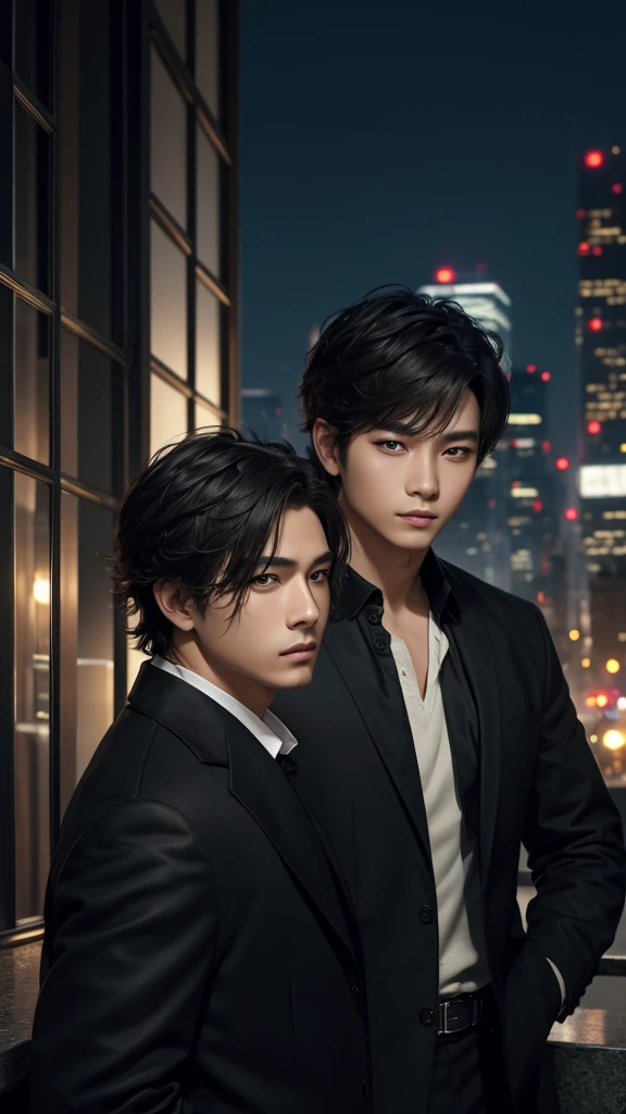 2male、masterpiece、top-quality、超A high resolution、evening、A city scape、depth of fields、short black messy hair、Two men