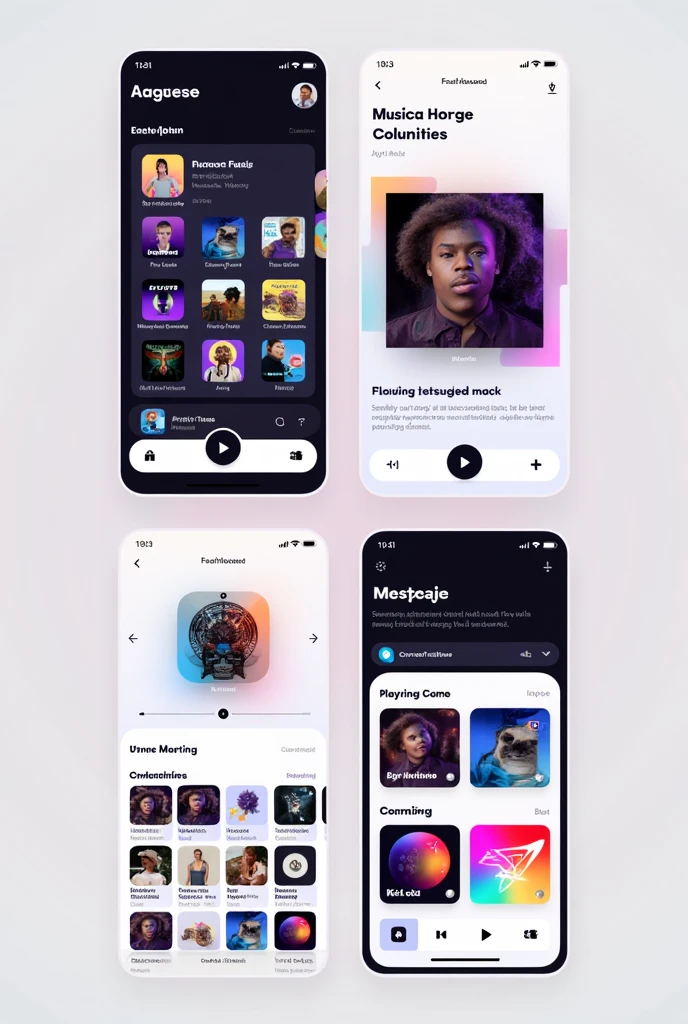 Concept Illustration: Music App Interface
1. Name of the Prototype: "Fusion Tunes"

2. Drawing Description:

A. Home Screen Layout:

Top Section: Features a search bar and a menu with options like "Explore," "My Library," and "Trending."
Middle Section: Displays a carousel of featured playlists that combine different genres (e.g., Classical-Pop Fusion, Rock-Electronic Mix).
Bottom Section: Shows a “Play Now” button with a small widget for currently playing tracks.
B. Playlist Page:

Header: Title of the playlist with a brief description.
Content Area: List of songs with album art, artist names, and a play button next to each track.
Play Button: Centered and prominent at the bottom of the page.
C. Genre Selection:

Grid Layout: Icons representing different genres (e.g., Classical, Pop, Rock, Electronic) with an option to select multiple genres for a customized playlist.
3. Materials:

Software: Graphic design software like Adobe Illustrator or Figma.
Hardware: Computer or tablet.
4. Procedure:

Open the design software.
Create a new project with the dimensions of a mobile screen.
Design the home screen layout with sections for search, featured playlists, and navigation.
Design the playlist page with a clear layout for track listings.
Design the genre selection grid.
Add icons and text to match the description.

