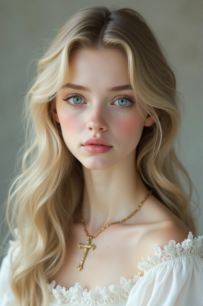 A girl with long, wavy light blonde hair, light blue almond-shaped eyes, eyebrows somewhat thin but perfect, long blonde eyelashes, pink and medium lips, turned up nose and pale skin, with a crucifix necklace, and a white medieval style dress